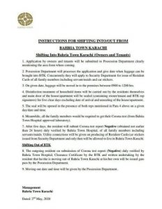 Bahria Town Instructions for shifting during Corona