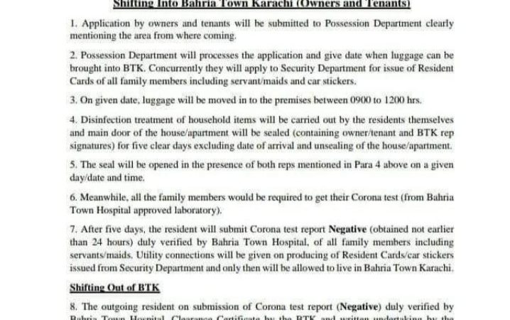 Bahria Town Instructions for shifting during Corona